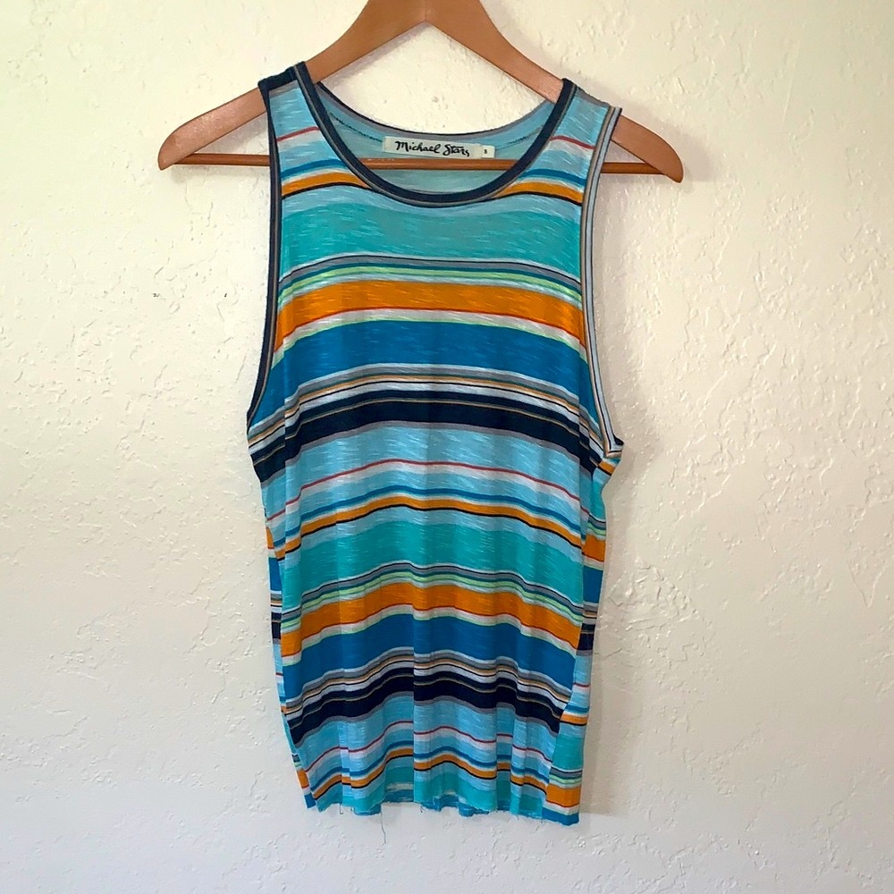 Michael Stars Tank Top Blue Orange Striped Raw Edge Womens S NWOT Made In USA